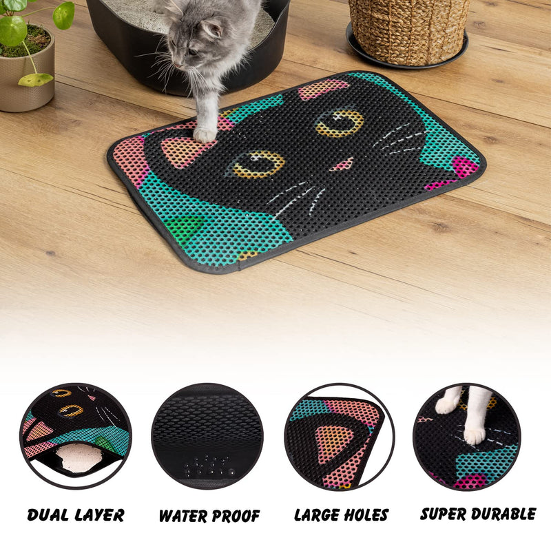 FOREVERPETSUPPLIES Cat Litter Mat 24"x16", Litter Box Mat Large, Double Layer Litter Trapping Mat, Water & Urine Proof Kitty Litter Mat for Litter Box, Colorful Kitty Design Cat Mat Black - BeesActive Australia