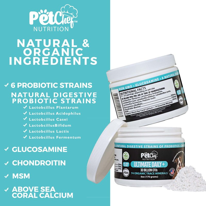 Pet Chef Nutrition Probiotic Powder for Dogs | Includes 30 Billion CFUs, 6 Probiotics, 74 Organic Minerals, MSM, Chondroitin, & Glucosamine | Joint, Gut, Digestive Health, & Diarrhea - 212 Servings - BeesActive Australia