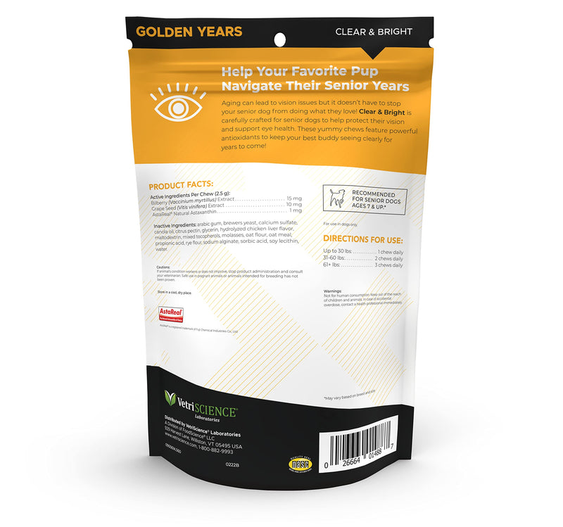 VetriScience Golden Years Clear and Bright for Senior Dogs, Chicken Liver, 60 Soft Chews - Promotes Eye Health with Powerful Antioxidants Clear & Bright Eye - BeesActive Australia