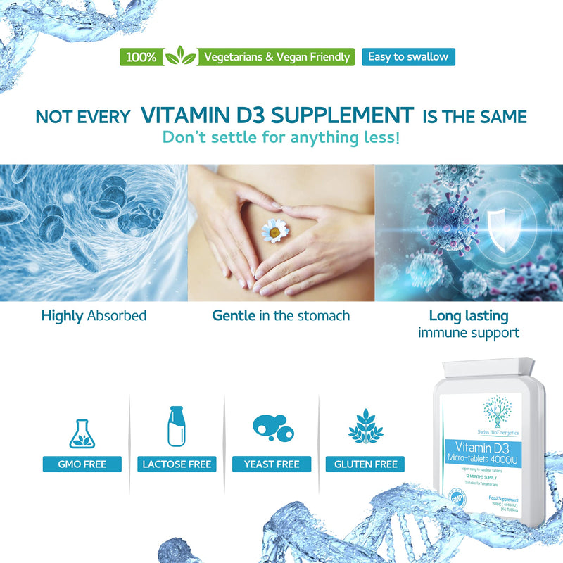 Vitamin D3 100µg ( 4000 IU ) 365 Micro-Tablets – one-a-Day Easy to Swallow high Strength Tablets – Exclusively Manufactured in The UK - BeesActive Australia