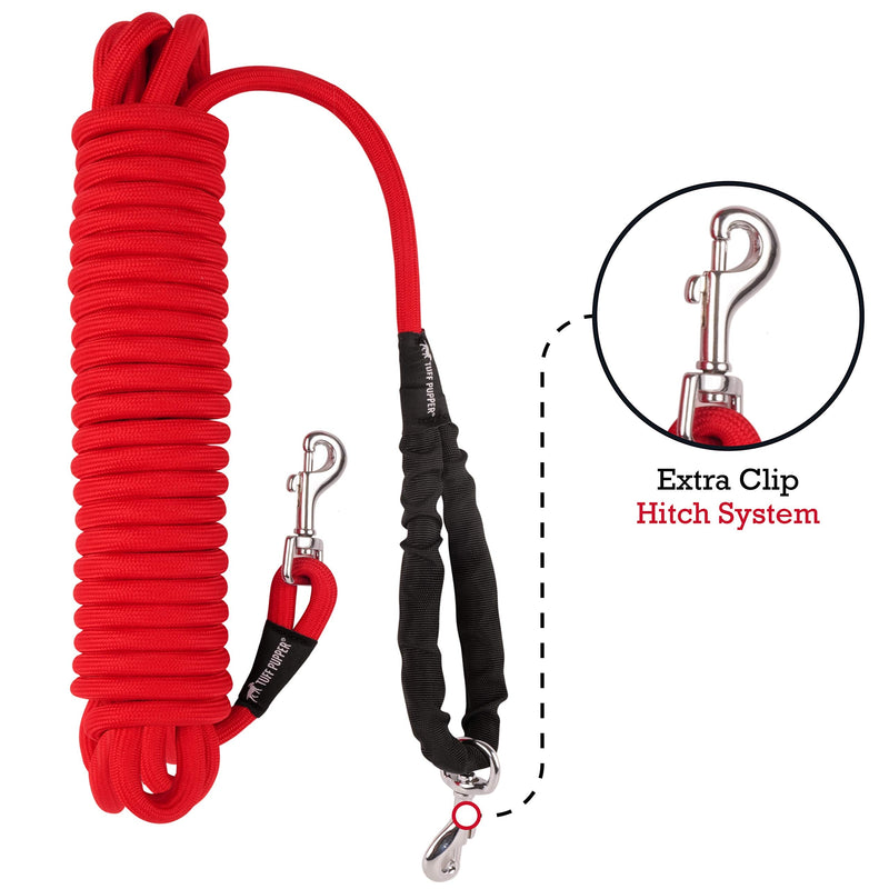 Tuff Pupper Heavy Duty 30 Foot Long Rope Leash for Dogs | Dog Recall Training Leash | High Visibility Strong Climbing Rope Leash | Hand or Waist Worn | Stainless Steel 360° Clips for Tangle Free Use March Red - BeesActive Australia
