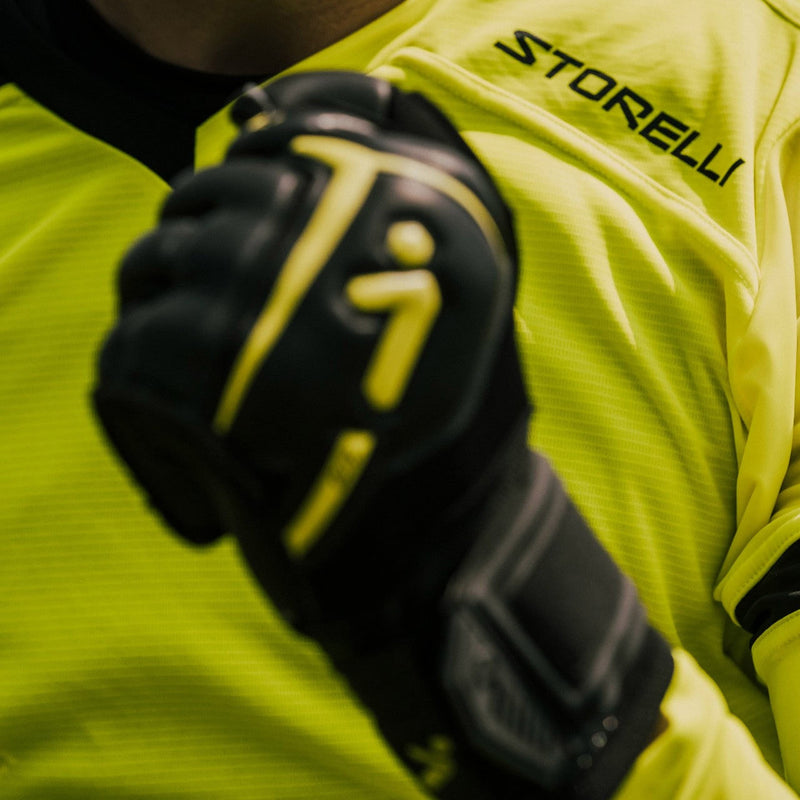 Storelli Gladiator Elite 3.0 Goalkeeper Gloves | High-Performance Soccer Goalie Gloves with Finger Spines | Premium Finger and Hand Protection | Black & Yellow | Size 6 (G3SELT6) 9 - BeesActive Australia