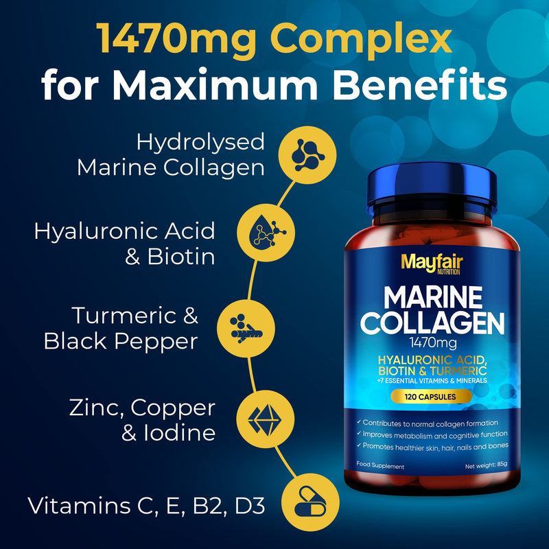 Marine Collagen Tablets - 120 High Strength Capsules - 1470mg Complex with Hyaluronic Acid, Biotin, Turmeric, Vitamin C, E, B2, D3 & 3 Minerals - Hydrolyzed Collagen Supplements for Women - Made in UK 120 Count (Pack of 1) - BeesActive Australia