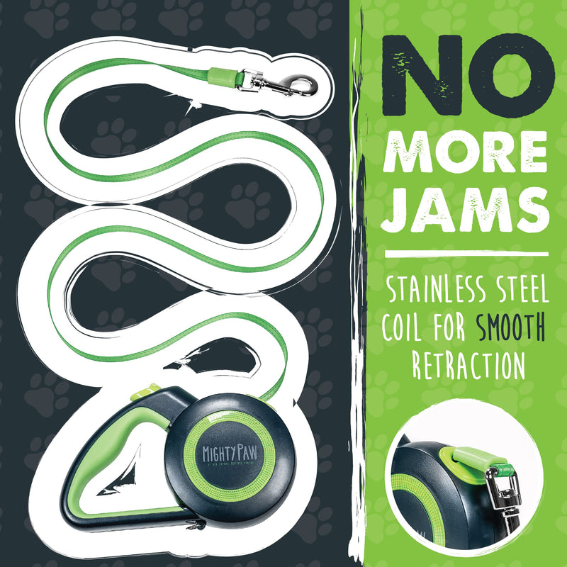 Mighty Paw Retractable Dog Leash 2.0 | 16’ Heavy Duty Reflective Nylon Tape Lead for Pets Up to 110 lbs. Tangle Free Design W/ One Touch Quick-Lock Braking System & Anti-Slip Handle Standard Green - BeesActive Australia