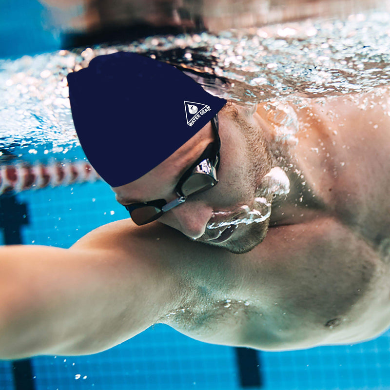 Water Gear Silicone Adult Swim Cap - Flexible Unisex Waterproof - Great for Short and Long Hair - Improve Your Performance - Women Men and Teens -Triathlon Swimmers and Athletes Navy - BeesActive Australia