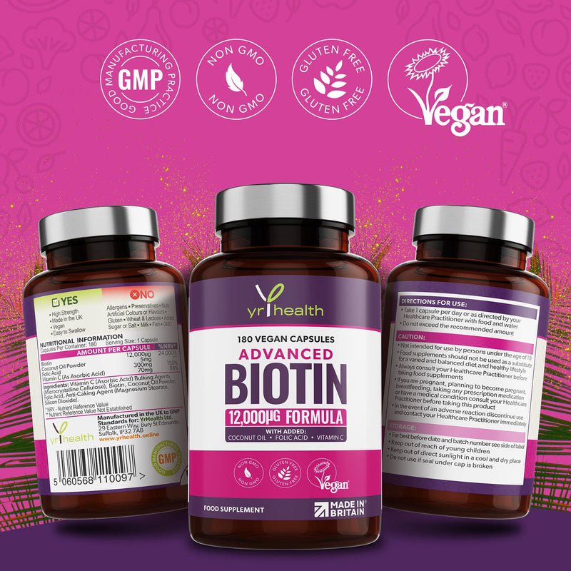 Biotin Hair Growth Supplement 12,000mcg, 180 Vegan Capsules not Biotin Tablets for Hair Skin and Nails with Coconut Oil, Vitamin C & Folic Acid, Vitamin B7 for Men and Women - Made in UK by YrHealth - BeesActive Australia