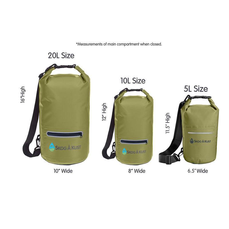 Skog Å Kust DrySåk Waterproof Floating Dry Bag with Exterior Zippered Pocket | for Kayaking, Rafting, Boating, Swimming, Camping, Hiking, Beach, Fishing | 10L & 20L Sizes 5 Liter Army Green 5L - BeesActive Australia