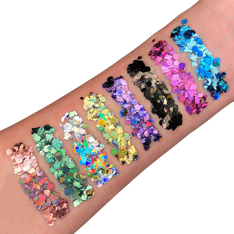 Holographic Glitter Shapes by Moon Glitter - Black - Cosmetic Festival Makeup Glitter for Face, Body, Nails, Hair, Lips - 3g - BeesActive Australia