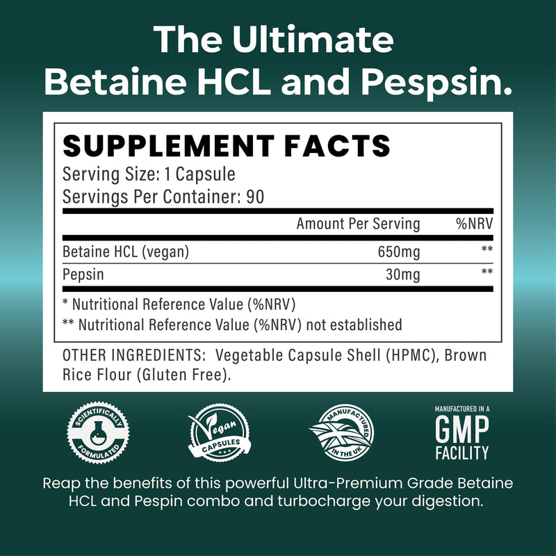 Ultra Premium Grade Betaine HCL & Pepsin � The UK�s No1 Betaine Hydrochloride Digestive Enzyme Supplements | 90 Vegan Capsules - BeesActive Australia