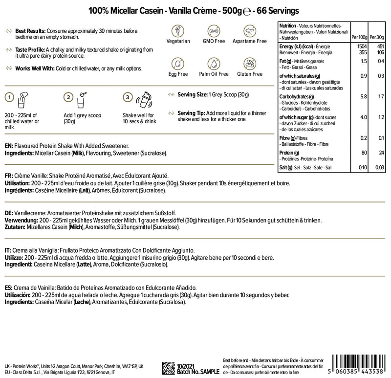 100% Micellar Casein Protein Powder | Slow Release Protein Shake | Amino Acids | High Protein | Protein Works | Vanilla Crème | 500 g - BeesActive Australia