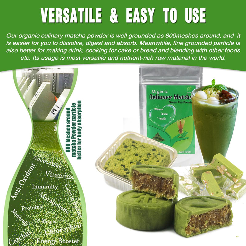 EFOOFAN Organic Matcha Green Tea - Culinary Grade (3.5OZ) - Japanese Sencha Tea Flavor - Shade Grown & First Harvest - Suit for Cooking, Baking, Blends or Latte 3.52 Ounce (Pack of 1) - BeesActive Australia