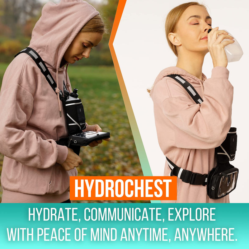 New Reflective Chest Pack Bag w/12 oz. Water Bottle and Touchscreen Ready Clear Window - iPhone/Android Phone Holder - Night Gear Vest w/360° High-Viz for Jogging, Walking, Hiking, Workouts, Cycling! Stylish Black - BeesActive Australia