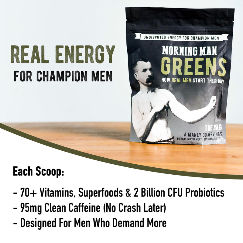 MORNING MAN Greens Powder Probiotic Superfood Mix with 95mg Caffeine, 75+ Vitamins, Green Tea & Coffee Bean Extracts, Digestive Enzymes, Gluten Free, Vegan, Supports Energy, Gut Health, 30 Servings - BeesActive Australia