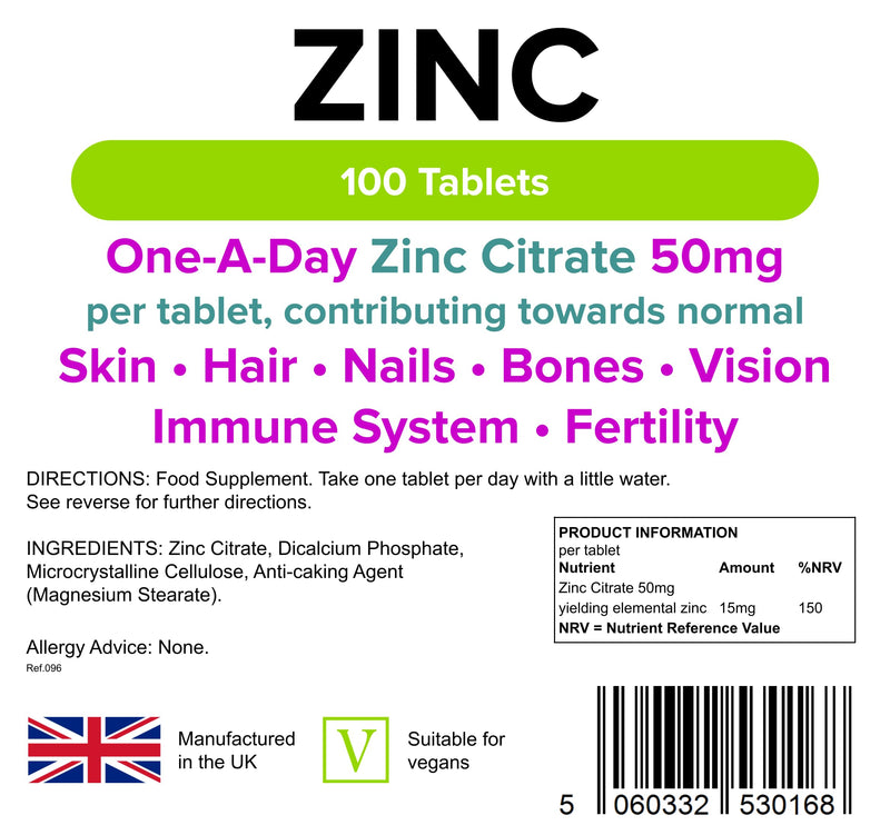 Lindens Zinc Citrate 50mg - 100 Vegan Tablets - Immune Function, Fertility, Healthy Bones, Vision, Hair, Nails and Skin - Made in The UK | (3+ Months Supply) | Letterbox Friendly 100 Count (Pack of 1) - BeesActive Australia