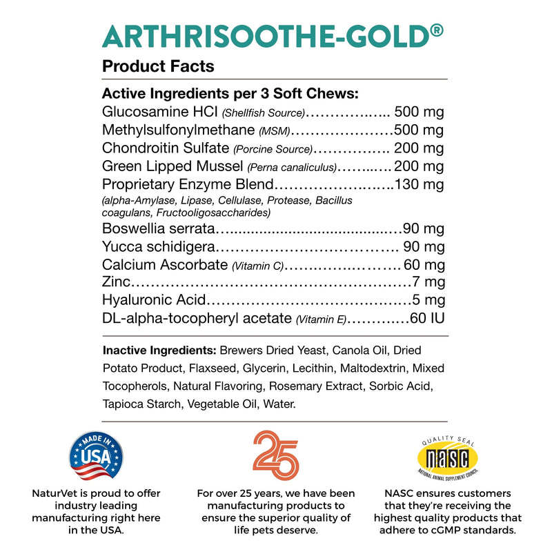 NaturVet Glucosamine for Dogs – Dog Supplement with Glucosamine, MSM, Chondroitin & Hyaluronic Acid – Soft Chews & Chewable Tablets ArthriSoothe-Gold Level 3 180 Soft Chews - BeesActive Australia