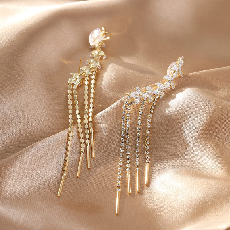 Tassel Ear Cuff Earrings for Women - Rhinestone Copper Ear Clip - BeesActive Australia