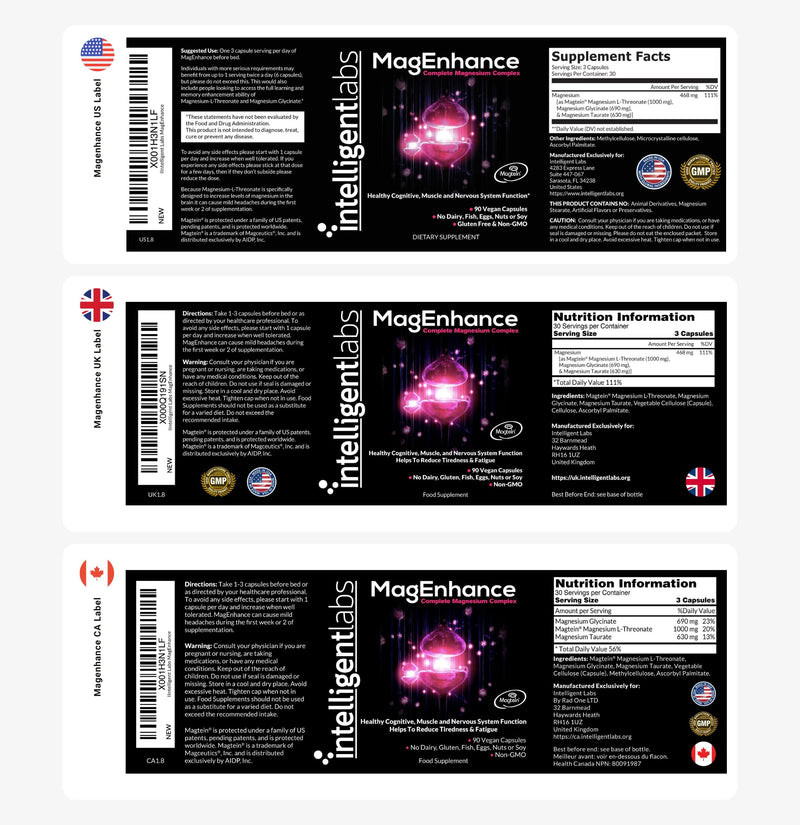 MagEnhance Magnesium Supplement by Intelligent Labs, Magnesium-L-Threonate Complex with Magnesium Glycinate and Taurate, 90 Capsules - BeesActive Australia
