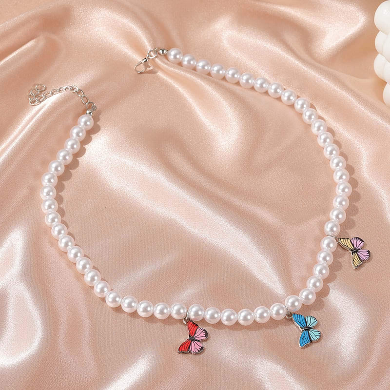 Butterfly Faux Pearl Strands Pendant Necklace Artificial Pearl Beads Papillon Chain Jewelry Silver Plated for Women Girls - BeesActive Australia