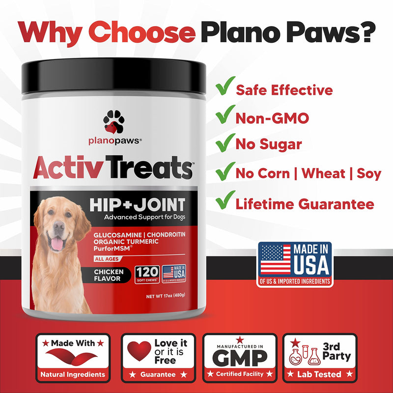 Glucosamine for Dogs Hip and Joint Supplement - Safe Joint Support for Dogs - Natural Dog Joint Supplement with Glucosamine Chondroitin MSM Turmeric - 120 Dog Arthritis Pain Relief Chews ActivTreats Chicken - BeesActive Australia