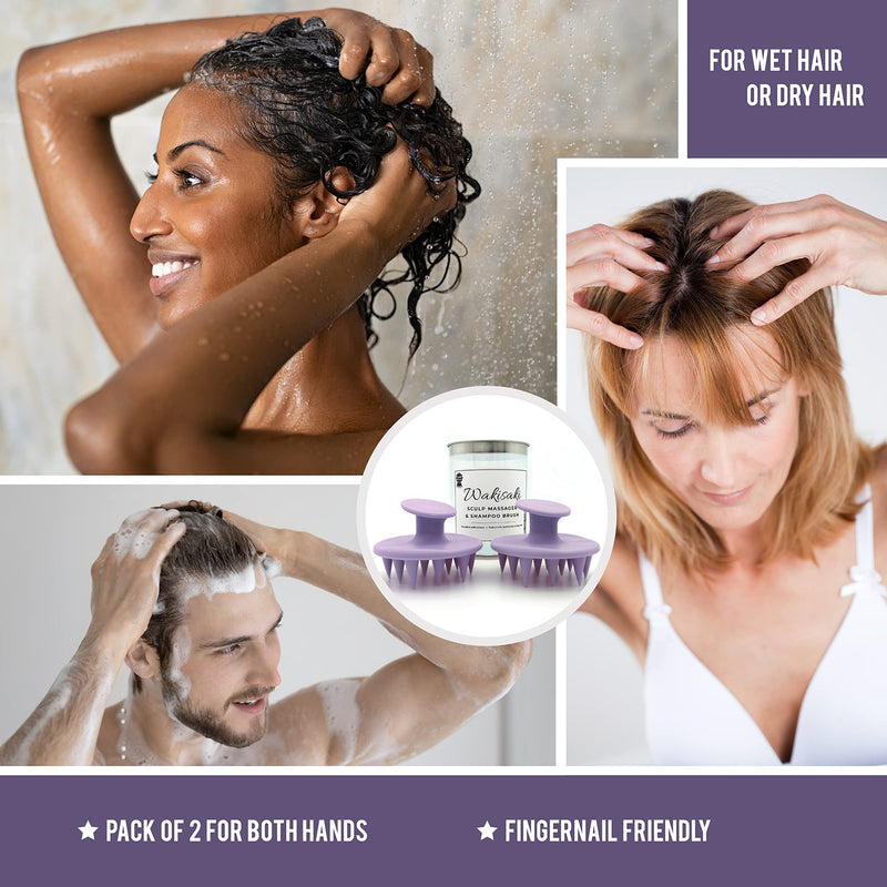 (2 Pack) Mold-free One-piece Solid Silicone, Shampoo Brush Head Massager Scalp Scrub, Scalp Massager Hair Growth, by WAKISAKI (Purple) Purple - BeesActive Australia