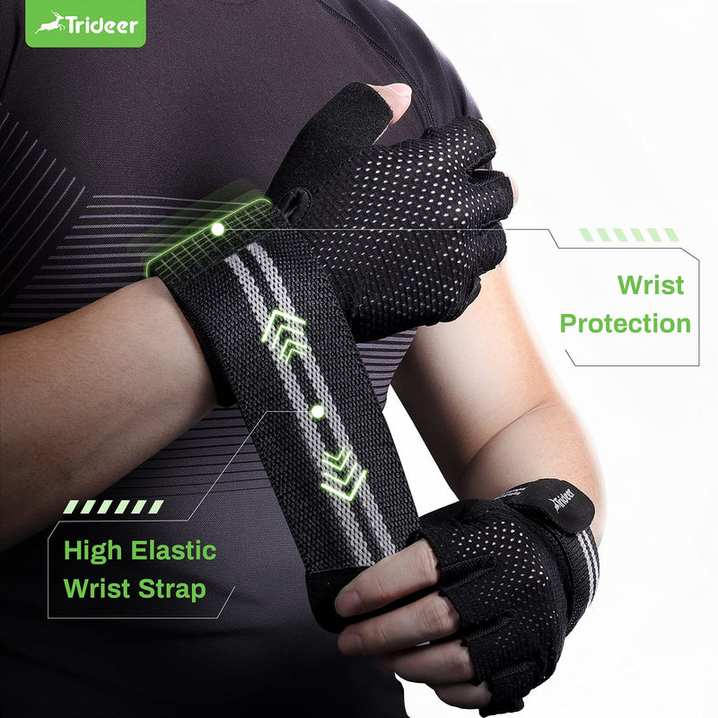 TriDeer Workout Weight Lifting Gloves for Women Men with Wrist Straps, Breathable Fingerless Gym Exercise Gloves with Grip, Full Palm Protection, for Weight Training, Pull Up, Gym Fitness, Home Work Out Black Medium (7.5-7.9 in) - BeesActive Australia