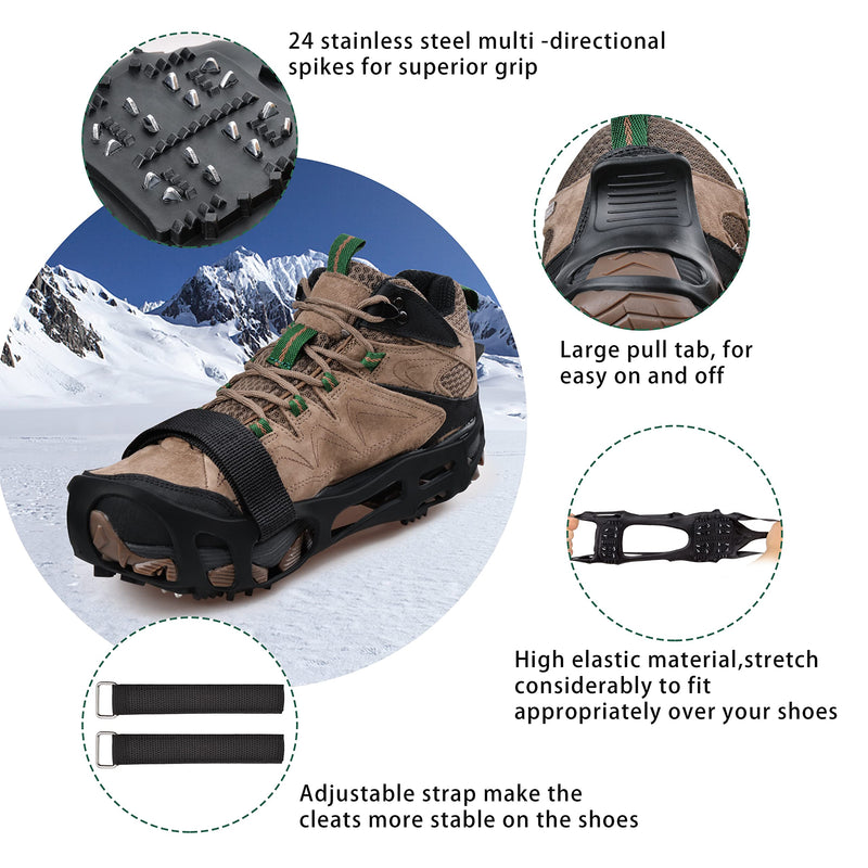 FUSIGO Ice Cleats for Winter Boots Shoes Traction Cleats Crampons for Walking on Snow and Ice Anti Slip 24 Studs Stretch Footwear for Men Women Hiking Running X-Large(10.5-13 men/11.5-14 women) - BeesActive Australia