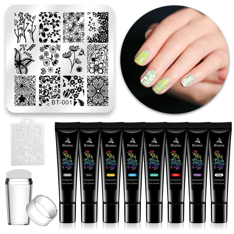 Biutee Nail Stamping Plates Set 8 Colors Nail Art Stamping Polish Gel 12Pcs Template Image Plates 1Pcs Storage Bag 1PCS Stamper with 1PCS Scraper Manicure Stencils Tools Maniology for Holiday Designer - BeesActive Australia