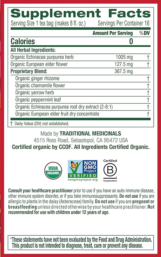 Traditional Medicinals Organic Echinacea Elder 16 Tea Bags - BeesActive Australia