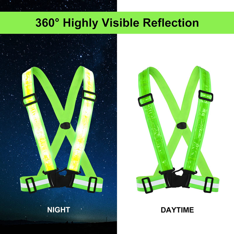 SATINIOR 2 LED Reflective Safety Vest USB Rechargeable Light up 4 Armband Storage Bags High Visibility Bands for Running Jogging Cycling Hiking Walking, Green - BeesActive Australia