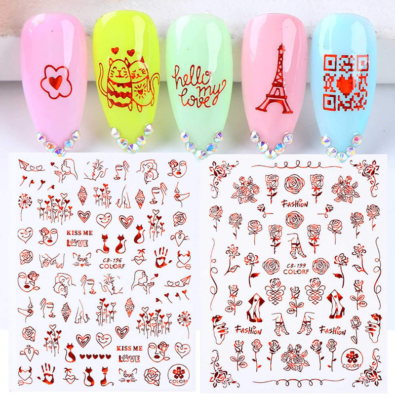 8 Sheets 3D Romantic Valentine's Day Nail Stickers Black Red Self Adhesive Love Heart Letter Rose Vine Abstract Face Images Cat Animal Nail Decal For Women Girl Nail Slider Art Decorations - BeesActive Australia