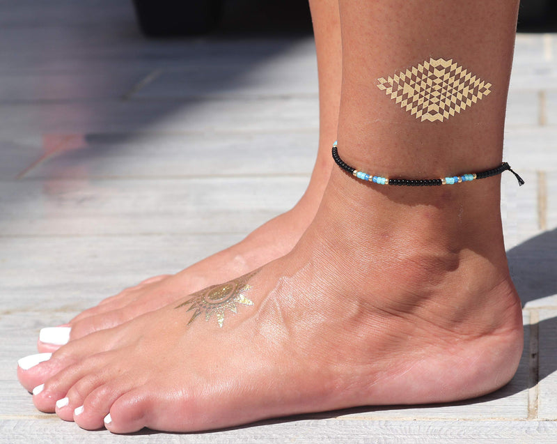 Anklet for Women, Unique Beaded Thin Anklet, Black Gold Colorful Boho Hippie Waterproof Beach Foot Jewelry, Native American Style, Handmade by Tribes - BeesActive Australia