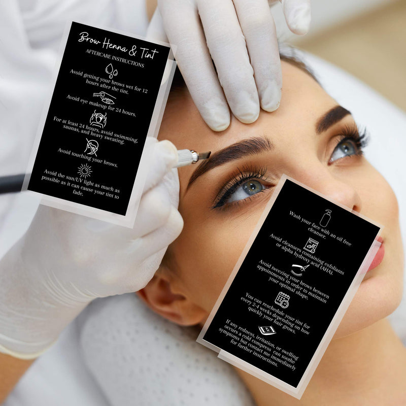 Brow Henna and Tint Aftercare Instruction Cards | 50 Pack | Physical Printed 2 x 3.5” inches Business Card Size | Starter Lift Kit with Tint at home diy supplies | Black with White Icon Design - BeesActive Australia