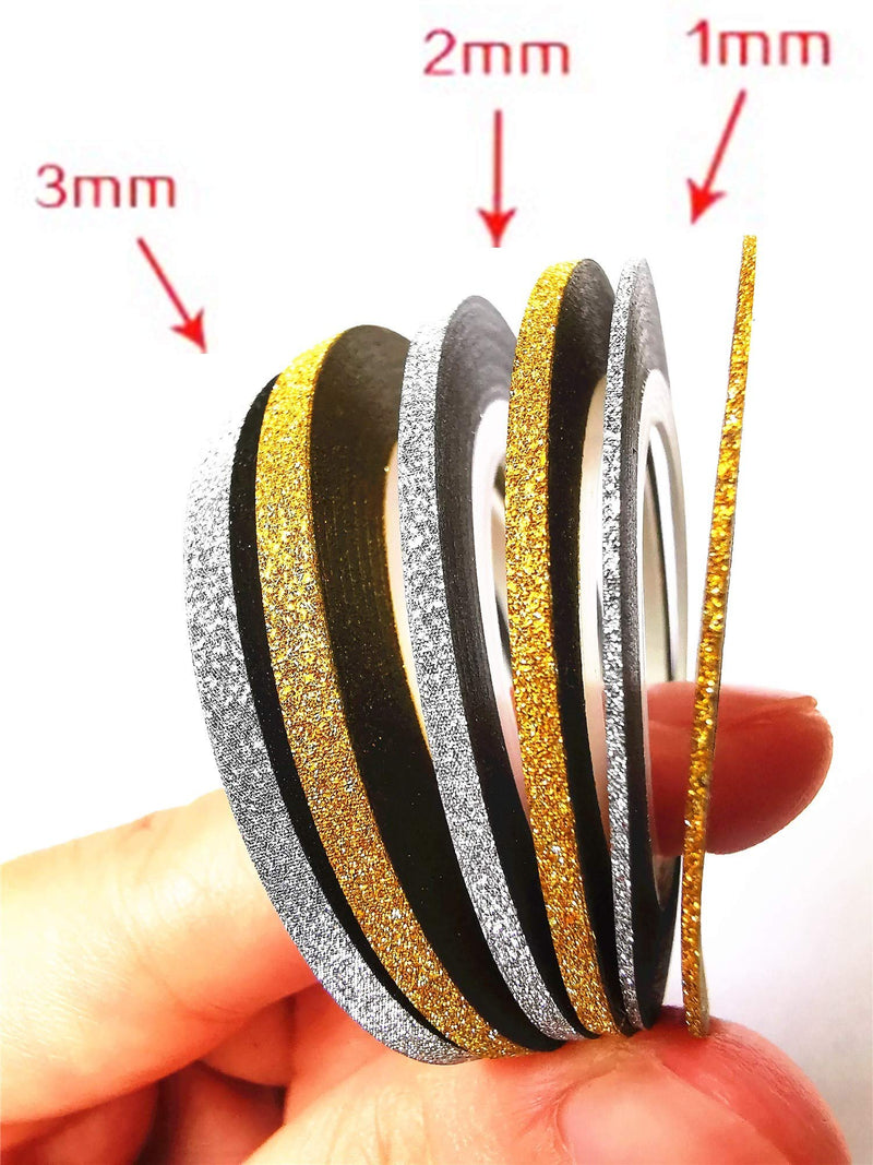 Valuu 6 Rolls Glitter Gold Silver Nail Art Stripping Tape Line Shiny Matte Nail Art Decoration Strips 1mm 2mm 3mm Adhesive Decals Strips DIY Nail Tip - BeesActive Australia