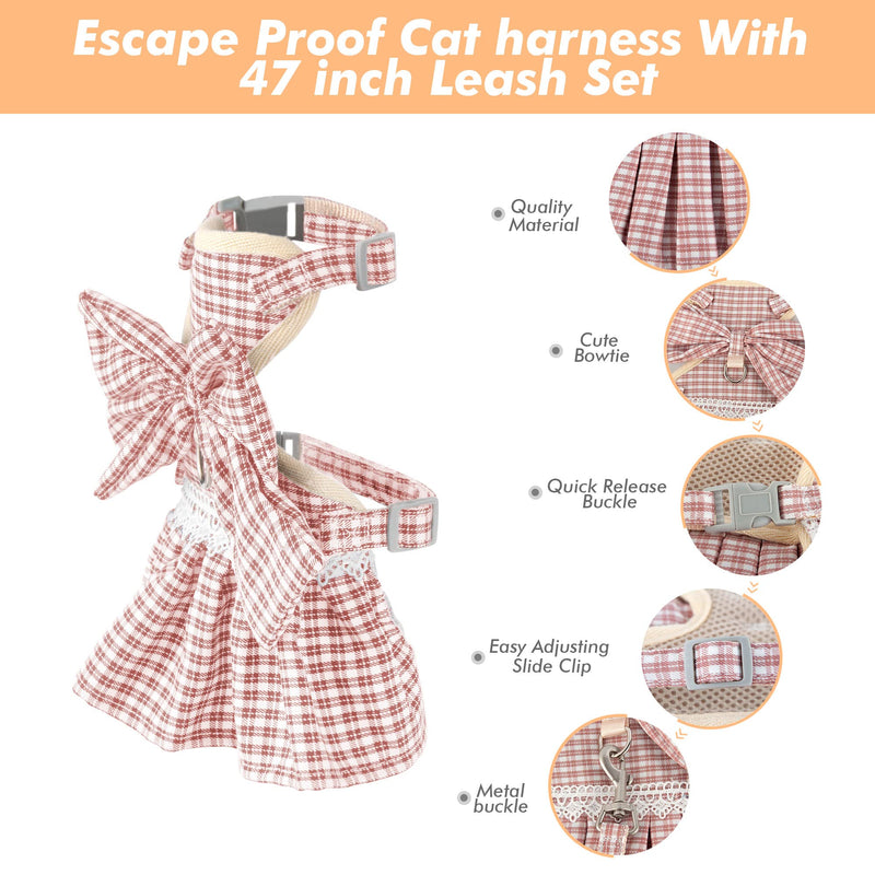 Kaqipeet Cat Harness and Leash Set for Walking Escape Proof, Kitten Harness with Bowtie Plaid JK Skirt for Cats, Lifetime Replacement Small Pink Plaid - BeesActive Australia
