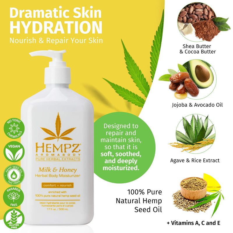 Hempz Milk & Honey Herbal Body Moisturizer with Jojoba Seed, Cocoa Butter, 17 oz. - Fragranced, Everyday Body Lotion with Agave Extract to Hydrate Sensitive Skin - Premium Skin Care Products 17 Fl Oz (Pack of 1) - BeesActive Australia