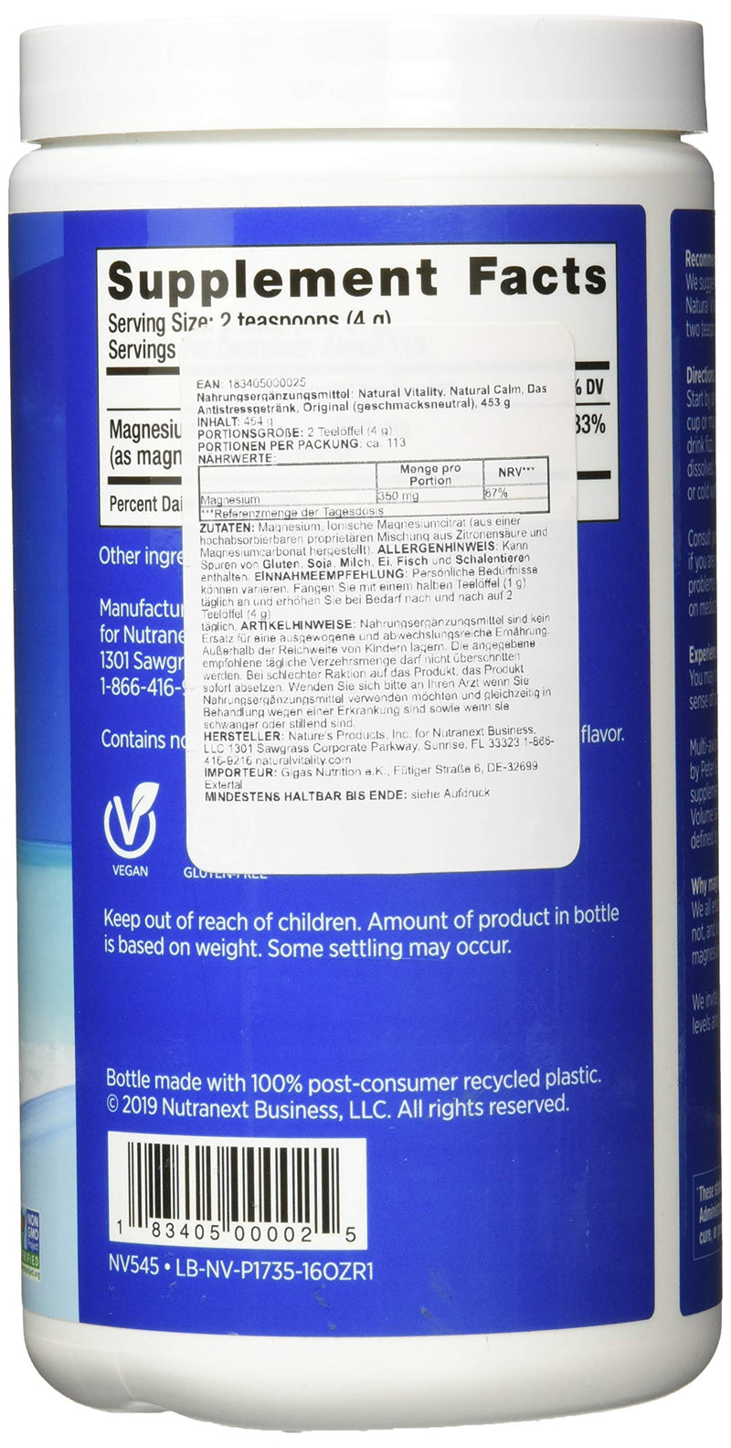 Natural Vitality Natural Calm - RLS - Restless Legs - Relaxation - Stress - Muscle Cramps - Tension - Unwind - Amazing Taste - Unflavored - 453 Grams - BeesActive Australia