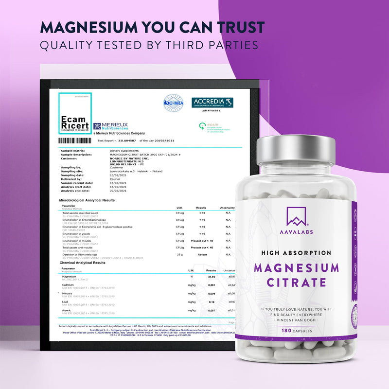 Aavalabs Magnesium Citrate Capsules - 2231.25mg per Daily Dose - of which Elemental Magnesium 357mg - Vegan Magnesium Supplements for Women and Men �180 Magnesium Citrate Tablets- 3 Capsules Per Day - BeesActive Australia