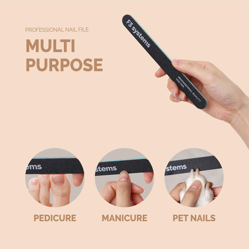 F3 Systems, Professional Nail Files, Black 10 PCS, Double Sided Emery Board 100/180 Grit, Manicure & Pedicure Tool for Home and Salon Use, - BeesActive Australia