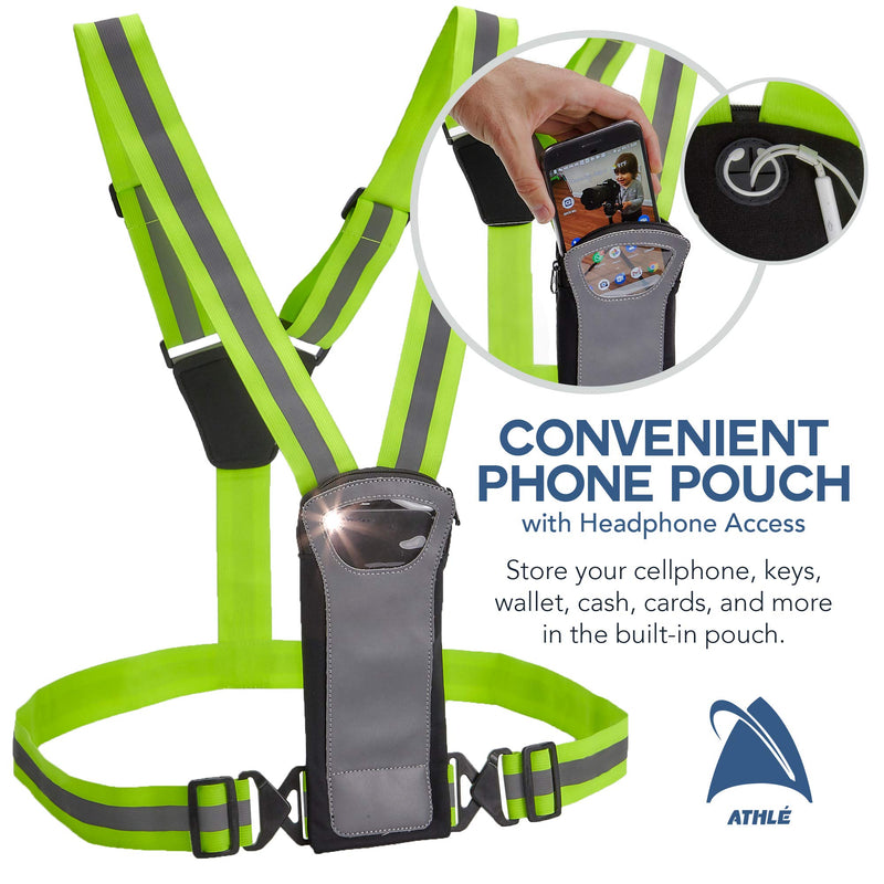 Athlé Reflective Vest with Phone and Storage Pouch, High Visibility, Adjustable Comfortable Stretch Waist Belt - for Safe Running, Jogging, Dog Walking, Biking and More - BeesActive Australia