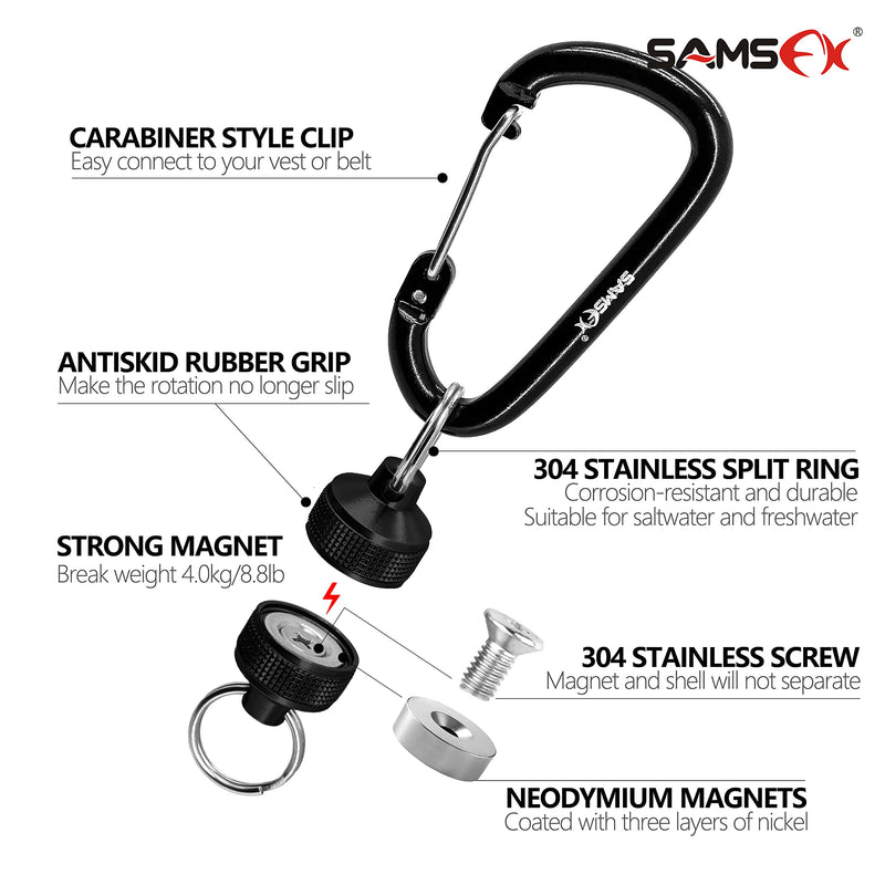 SAMSFX Fishing Strongest Magnetic Net Release Magnet Clip Holder Retractor with Coiled Lanyard Textured Grip Magnet, Black - BeesActive Australia