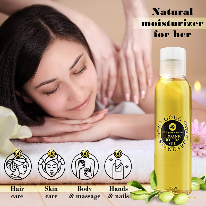 Organic Jojoba Oil 4 Ounce Pure Golden Cold Pressed Unrefined No Hexane Moisturizer for Face Skin Body Hair Nails Carrier Base Oil by Gold Standard - BeesActive Australia