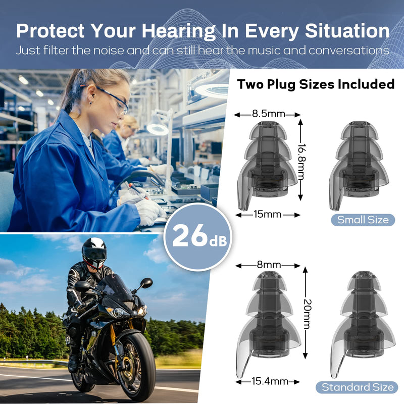 Hearprotek Ear Plugs for Work, [2 Pairs] Noise Reduction Ear Plugs, Reusable High Fidelity Concert Earplugs Corded-Ear Protection for Work Safety Motorcycle Construction Party Airplane Travel (26dB) Transparent Black - BeesActive Australia