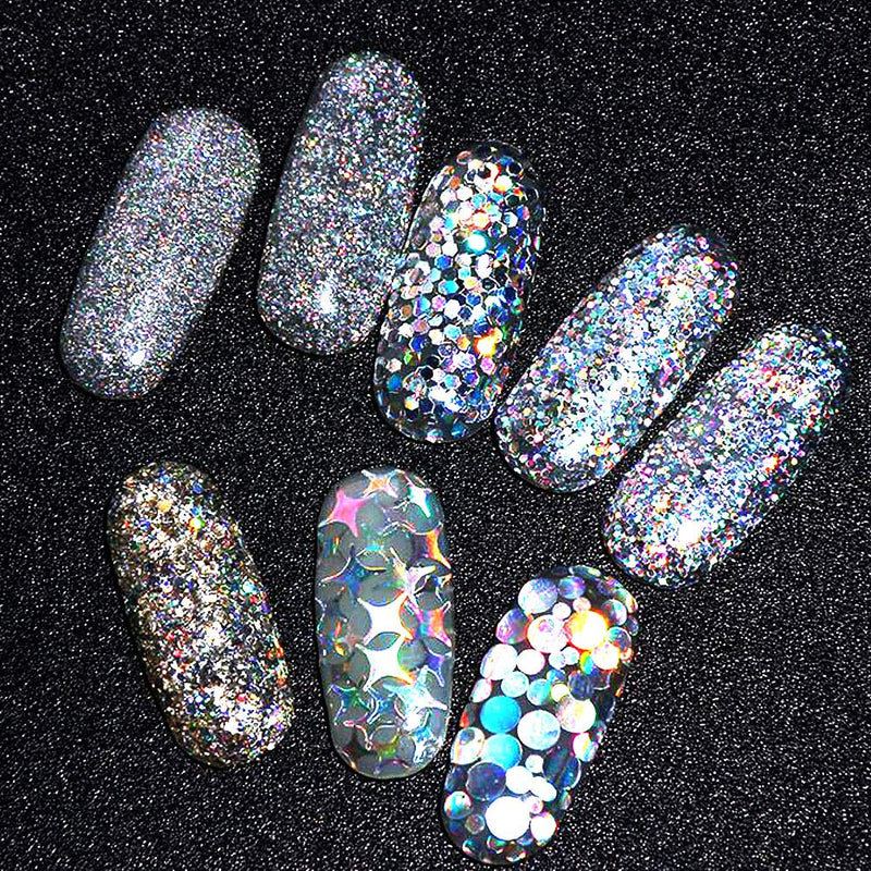 Delgoash Nail Glitter Nail Sequins Holographic Nail Art Glitters Kits DIY Laser Effect 8 Boxes Sparkle Powder Flakes for Women Nails Decorations Face Eye Accessory Star Round Diamond Shape - BeesActive Australia
