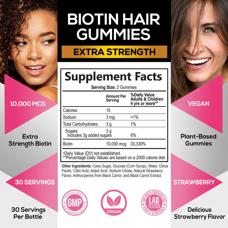 Biotin Gummies 10,000mcg Extra Strength Formula for Hair, Skin, and Nails - Premium Vegan Pectin-Based Hair Gummies Supplement for Women and Men, Non GMO - 60 Gummies - BeesActive Australia