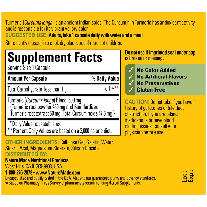 Nature Made Turmeric 500 mg Capsules, 60 Count for Antioxidant Support - BeesActive Australia