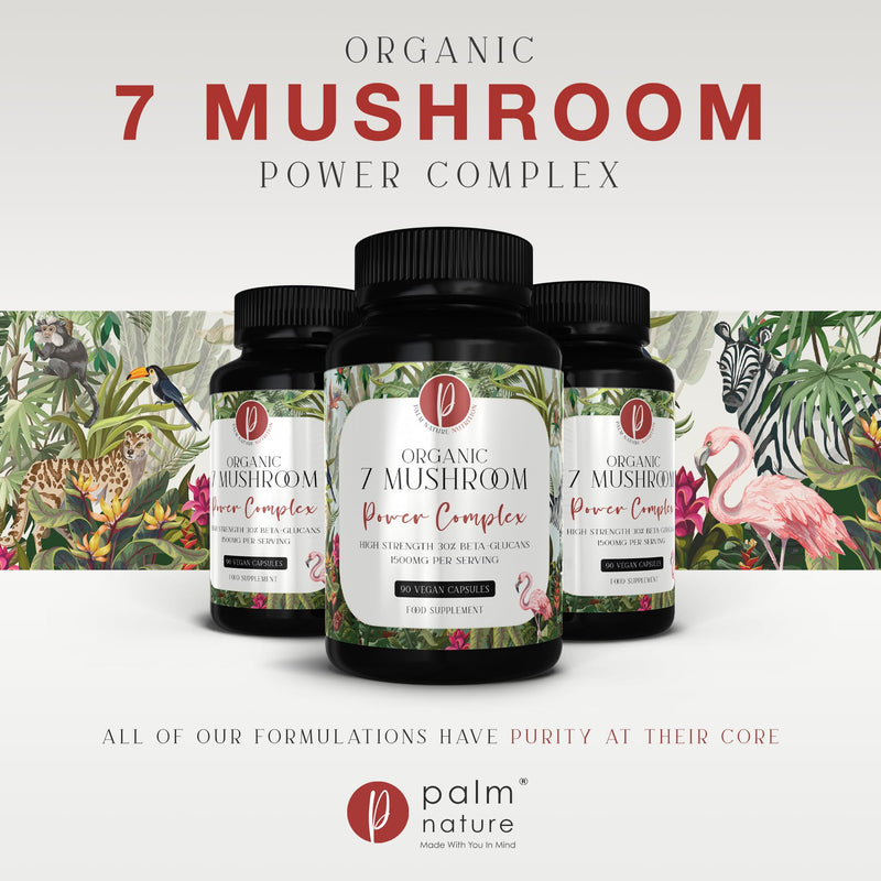 Palm Nature 7 Mushroom Complex - High Strength Extracts Not Powders - 30% Beta-Glucans - 90 Capsules - 1500mg Per Serving - Lions Mane, Chaga, Reishi, Shiitake, Maitake, Tremella, Cordyceps - BeesActive Australia