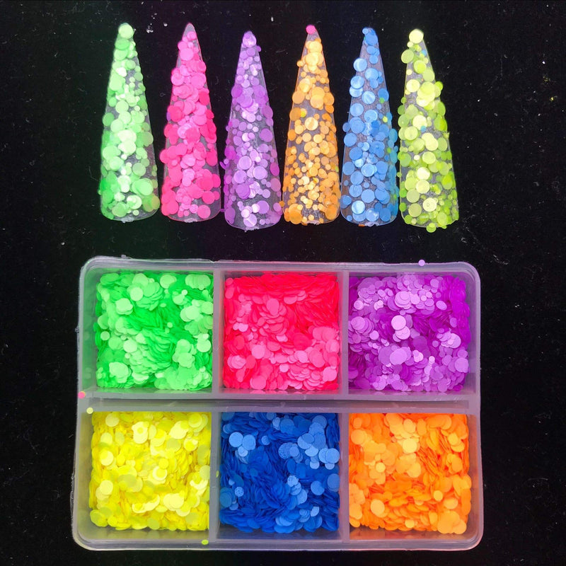 LimoLei 6 Boxes Round Neon Colors Sequins Nail Glitters 3D Nail Art Decoration - BeesActive Australia