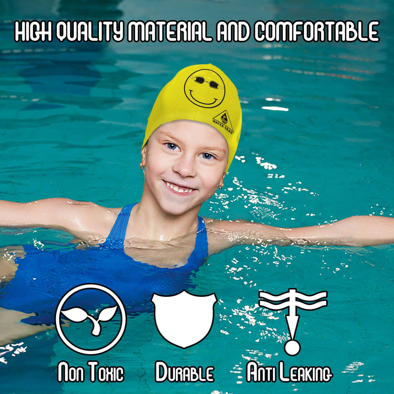 Water Gear Latex Swim Cap - Swimming Caps for Girls Long Hair - Waterproof Swimming Cap - Happy Face Black/Yellow - BeesActive Australia