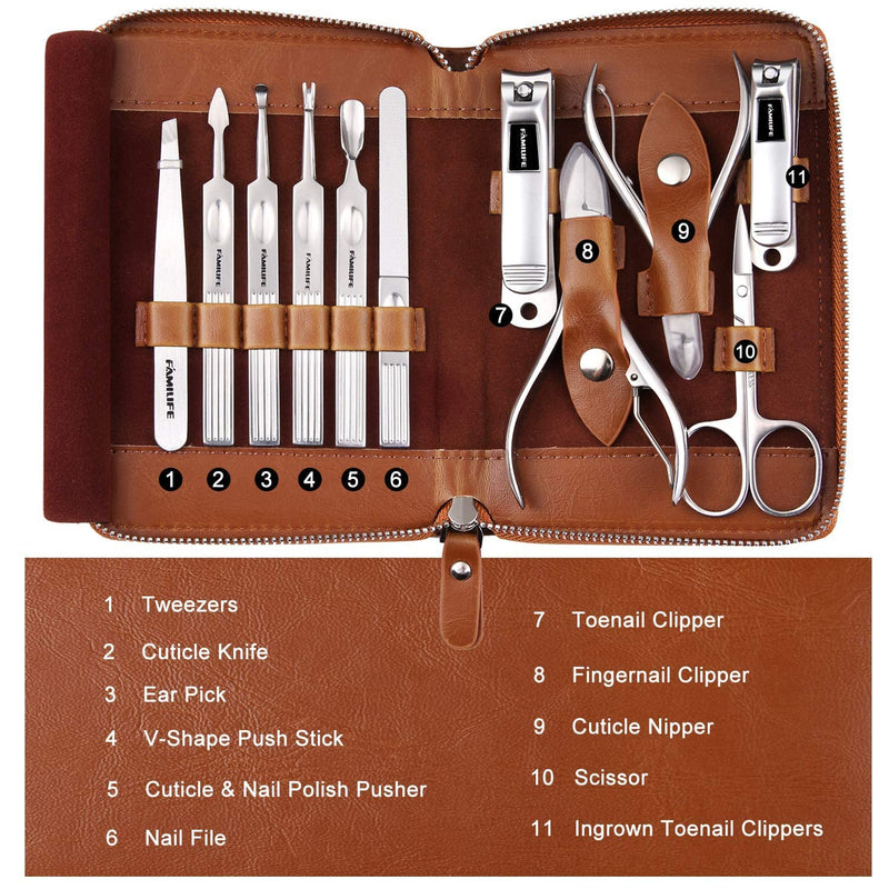 Manicure Set, FAMILIFE Professional Manicure Kit Nail Clippers Set 11 in 1 Stainless Steel Pedicure Tools Kit Nail Kit Men Grooming Kit with Portable Brown Leather Travel Case Luxury Gifts for Him - BeesActive Australia