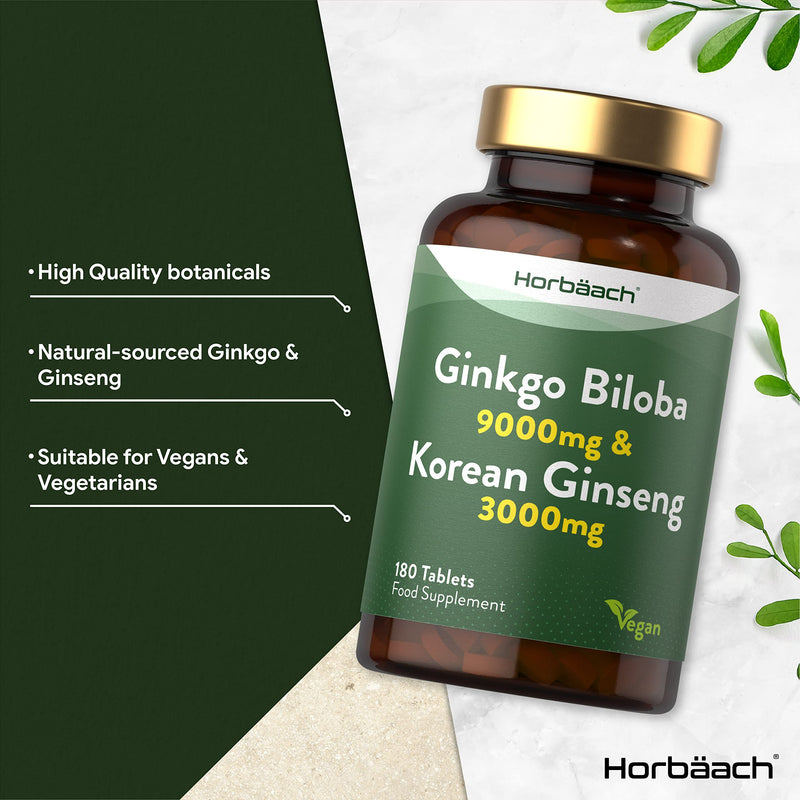 Ginkgo Biloba and Ginseng Tablets | High Strength | Ginkgo 9000mg & Korean Ginseng Root 3000mg | 180 Vegan Tablets | by Horbaach - BeesActive Australia